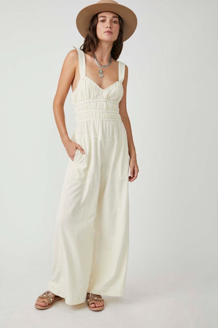 Free People After All Ruched Wide Leg Cotton Jumpsuit Nilla Cream Size Medium